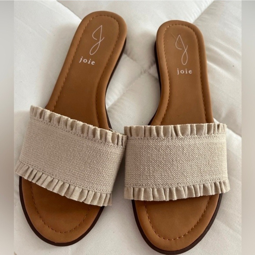 Joie Ruffle Beige Canvas Slide Sandals Women 9.5M P3RUF10 Low Wedge Slip On NEW‎